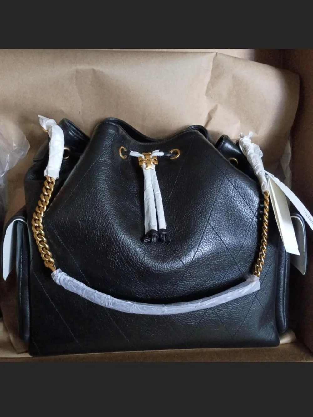 Large Black Tory Burch Leather Drawstring Bag With Gold Chain